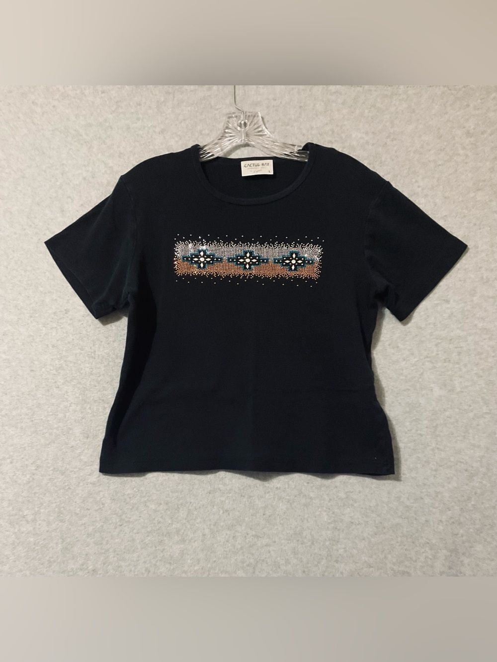 Cactus Bay  Crop top Black Short Sleeve with Beaded Navajo-Inspired Panel SZ S